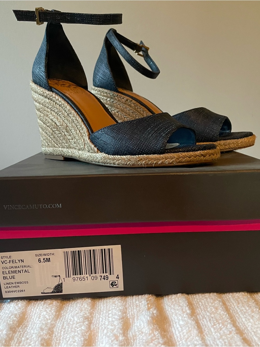Vince Camuto Navy Linen-Embossed Espadrille Wedge Sandals with Ankle Strap